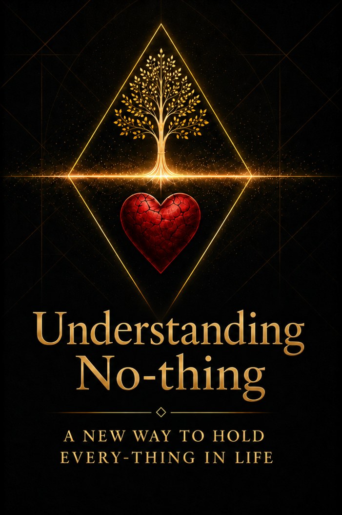 Cover of Understanding No-thing: a tree above a horizon line and a cracked red heart below, inside a gold diamond. Subtitle: A new way to hold Every-thing in life.